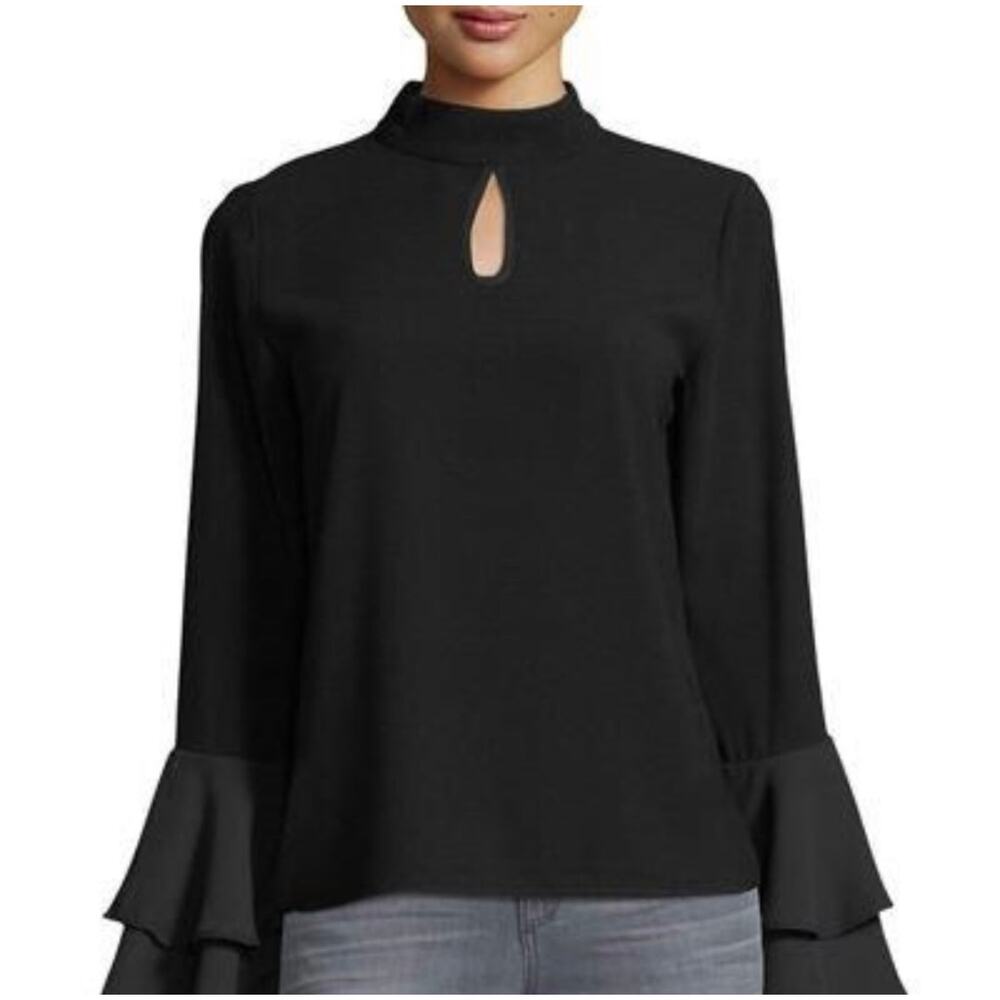 Patrizia Luca Double Bell L/S Keyhole Front Mock Neck Holiday Women’s Black Sz S